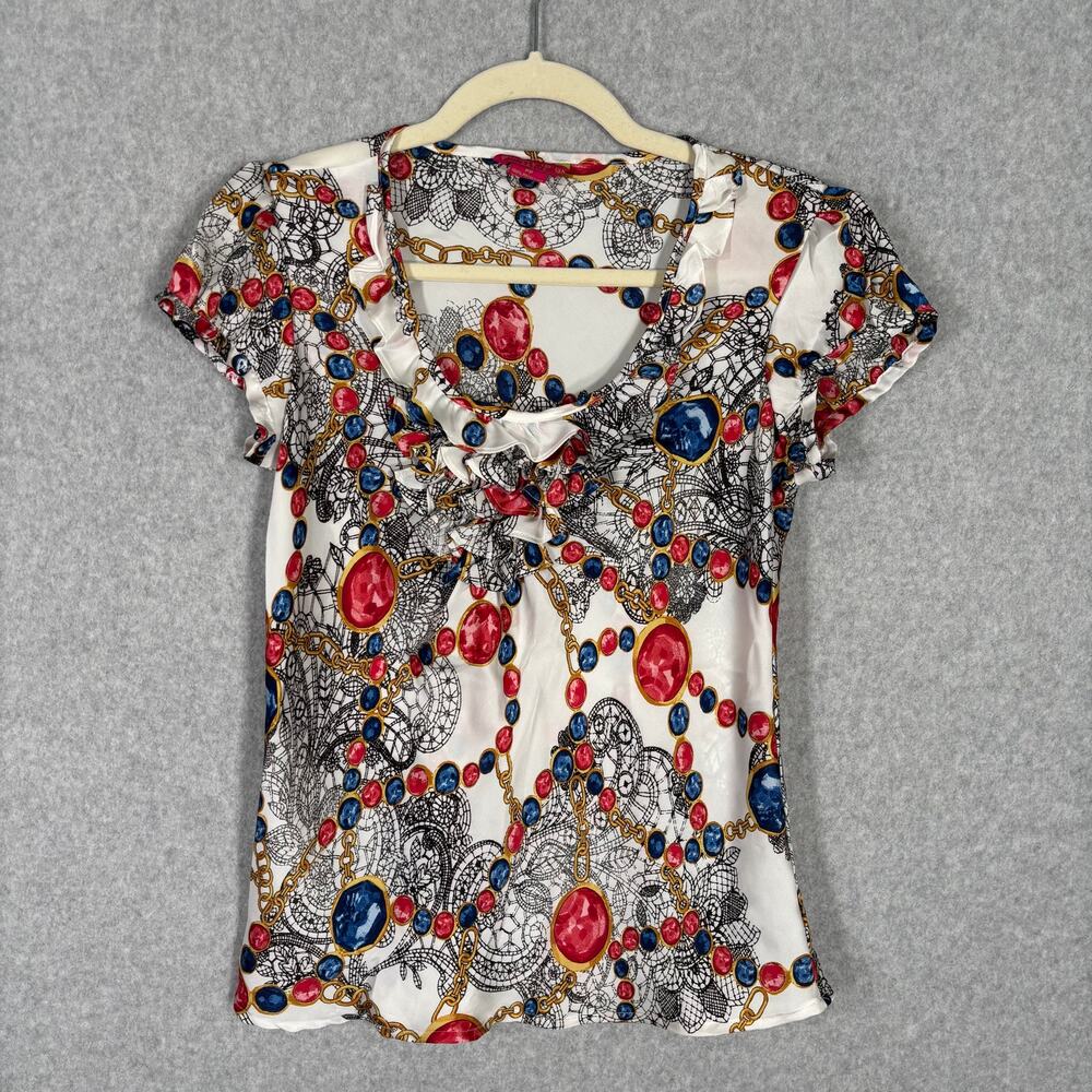Sunny Leigh Blouse Womens Small Satin Ruffle‎ Chains Jewels Paisley Short Sleeve